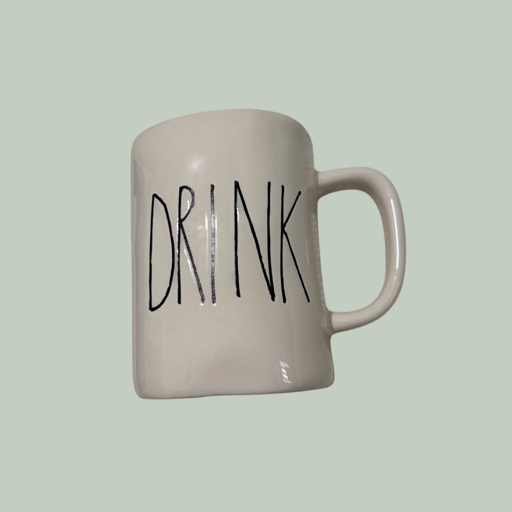 rae dunn "drink" white ceramic coffee tea mug farmhouse rustic cottagecore cabin